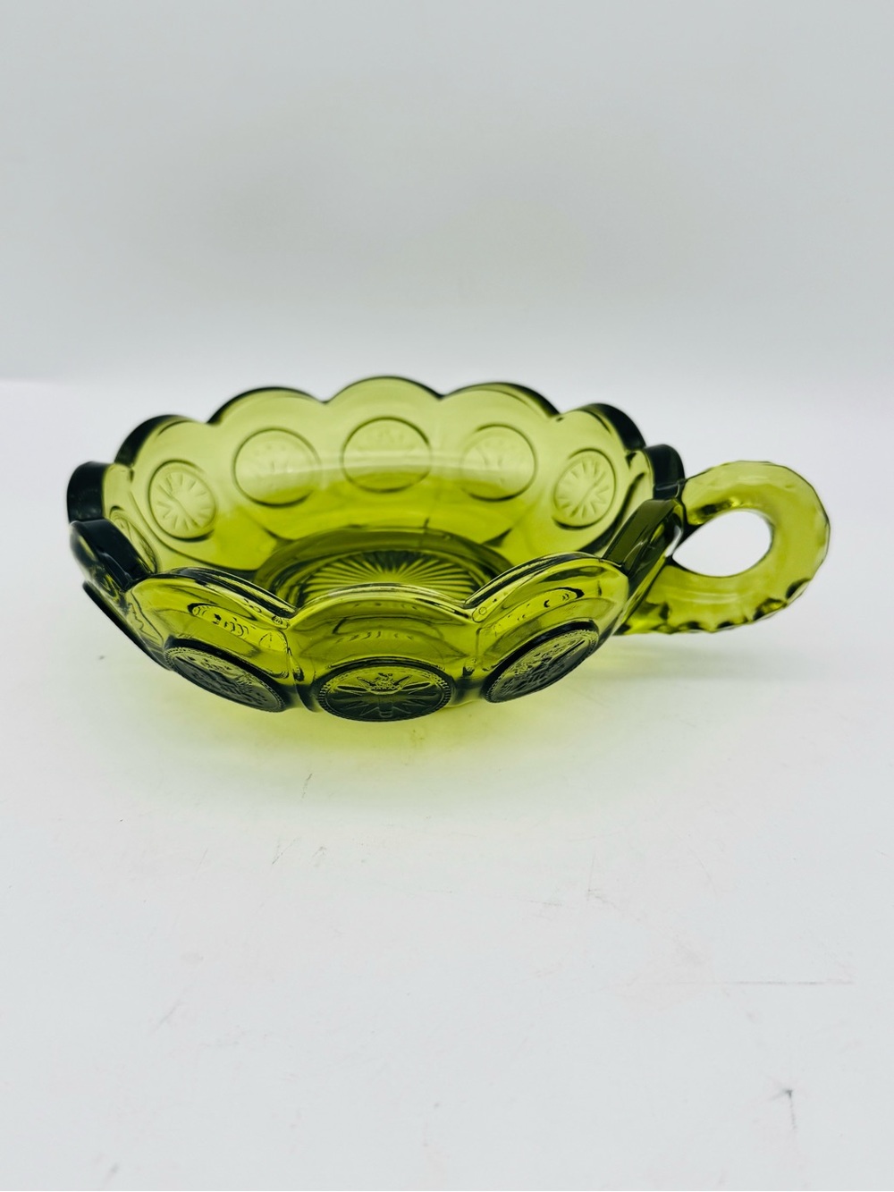 Vintage Fostoria Coin Glass Handled Nappy, Olive Green